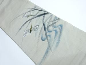 リサイクル　手描き流水に蜻蛉模様紬開き名古屋帯（額縁仕立て）